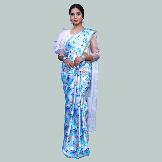 Light Blue Satin Floral Print Saree with White Ruffled hands blouse. |  S3S2