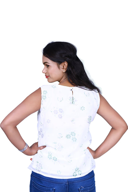 Womens Georgette White and Green Printed Short Tops | S3CT828