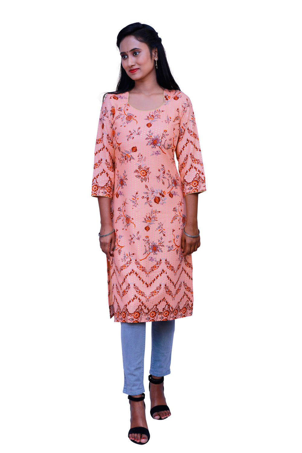 Peach & Gold Ethnic Wear Kurti | 1261244318