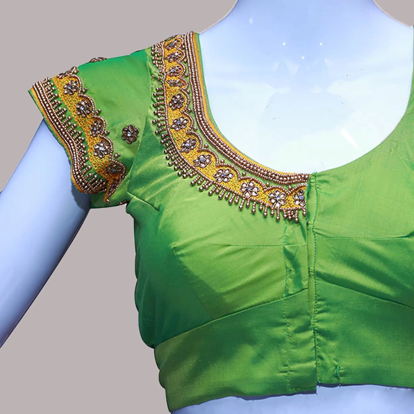 Women Solid Green Silk Round neck with maggam Embellished Blouse |  S3MB22