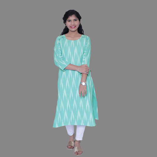 Women Ikkat Pure Cotton Straight Kurta( AquaBlue) | S3K596