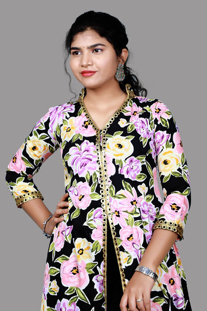 Black with Floral Print Middle Slit A Line Kurti | S3K1019