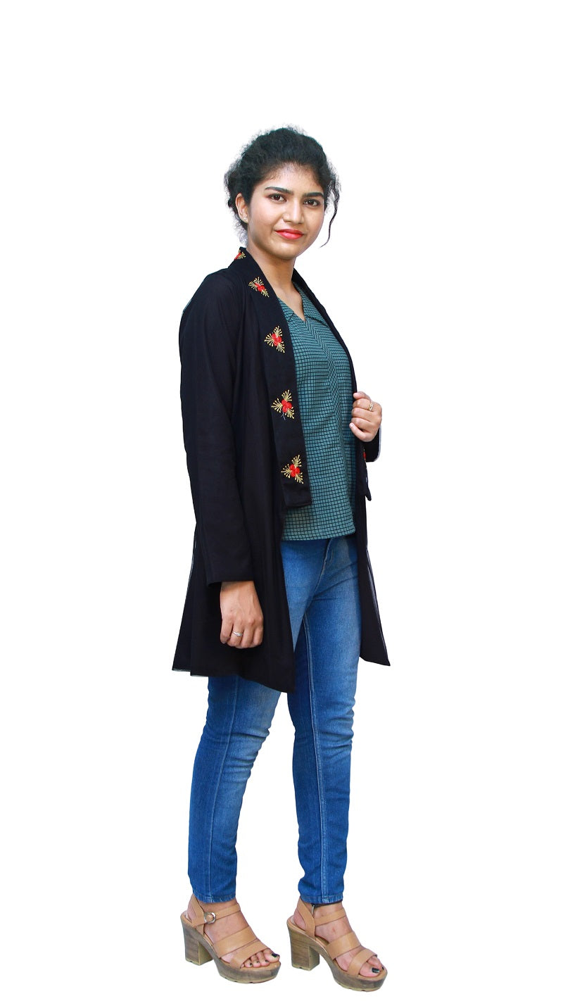 Women Longline Full Sleeve Black Shrug | S3S100