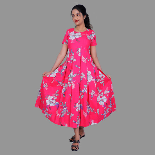 Floral Print Cotton Blend Stitched Flared/A-line Gown (Pink) | S3K290