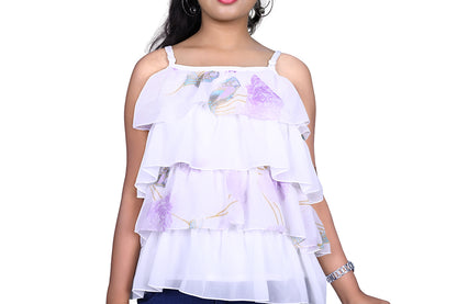 Womens Georgette White Ruffled Short Top | S3CT812