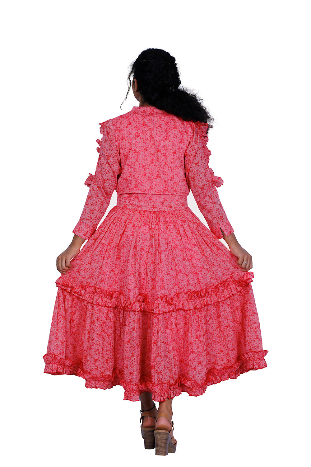 Flamingo Pink Tiered Maxi Dress With Shrug Set | S3W133