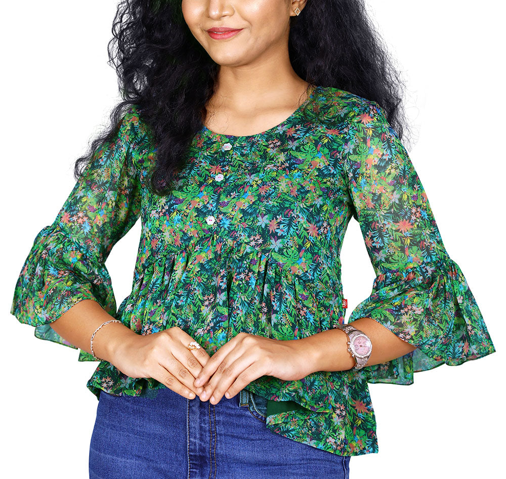Green Floral Printed Short Top | S3CT827