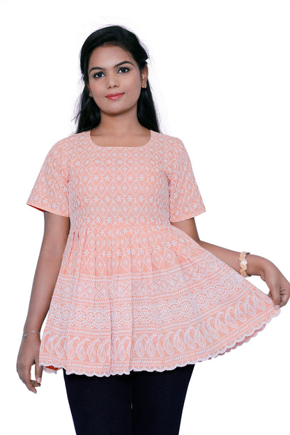 Orange Chikankari Waist Clinched Short Top | S3CTShortTop