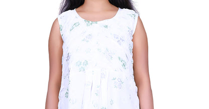 Womens Georgette White and Green Printed Short Tops | S3CT828