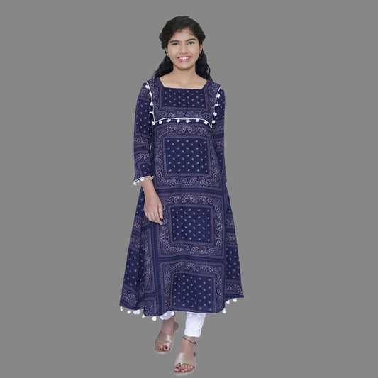 Women Printed A-line Kurta(Navy Blue)|S3K595