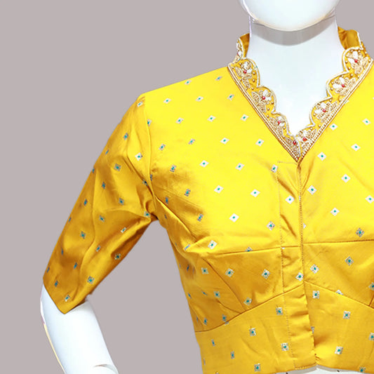 Half Circle High V Neck Yellow Maggam Work Blouse | S3MB54