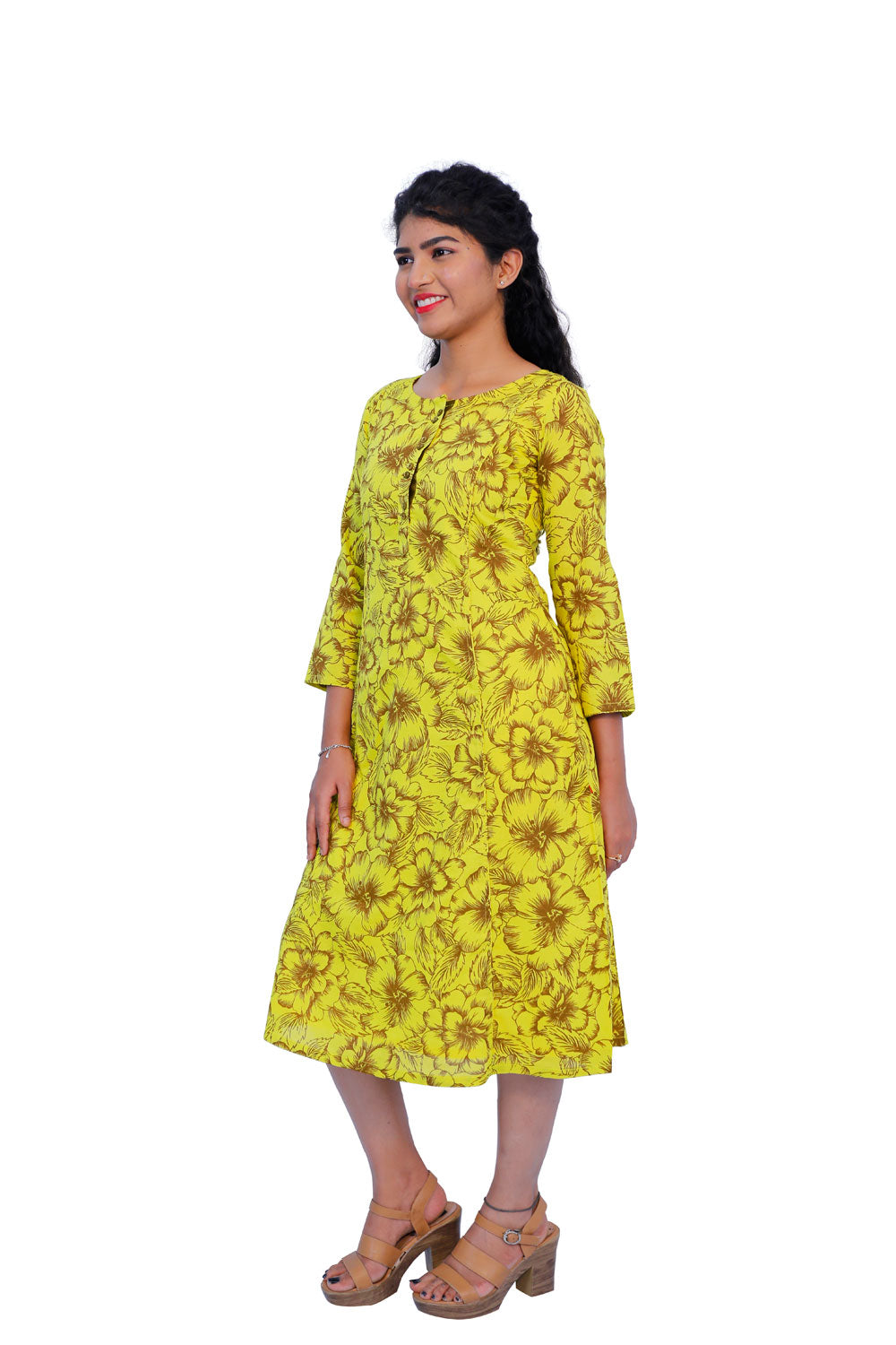 Yellow & Brown Floral Print Kurti | S3K288