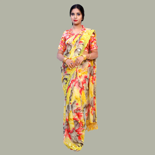 Yellow Floral Printed Saree  | S3S1