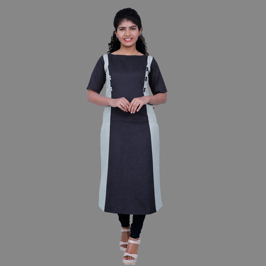 Women Polka Print Cotton Blend Straight Kurta (Black) | S3K521