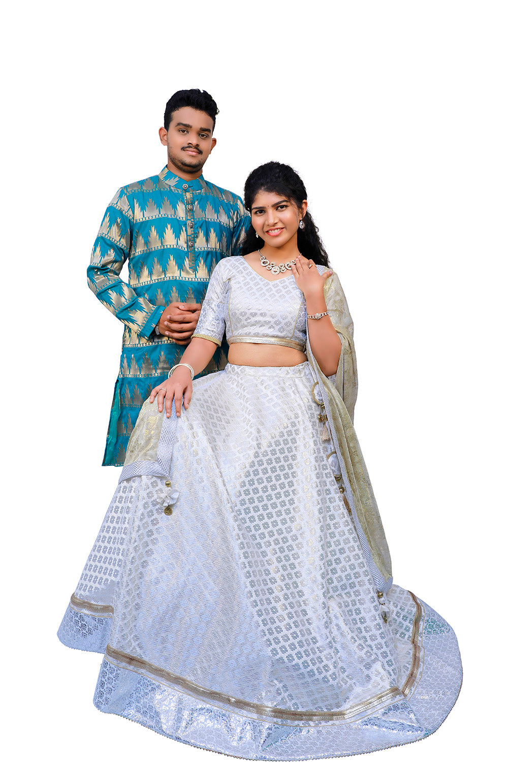 Fashionable Peach Lehenga Choli And Kurta Payjama for couple