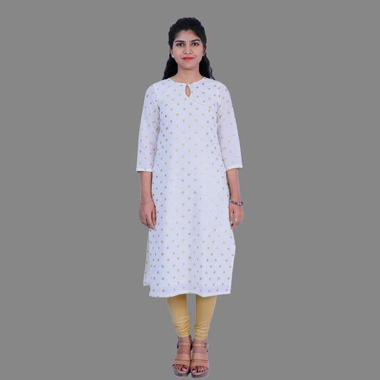 White Golden Print Kurthi | S3X154