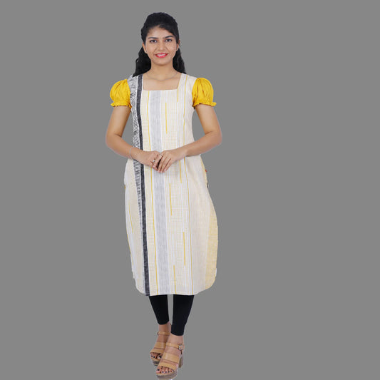 Women Abstract Cotton Blend Straight Kurta (Yellow) | S3K266