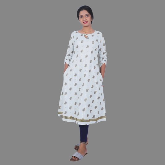 Women Printed A-line Kurta (white) | S3X224