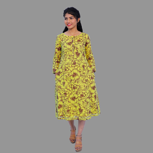 Yellow & Brown Floral Print Kurti | S3K288