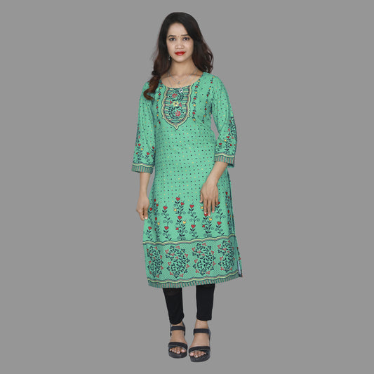 Spring Green Printed Straight Fit Kurti | S3K1010