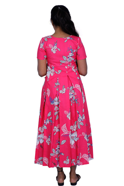 Floral Print Cotton Blend Stitched Flared/A-line Gown (Pink) | S3K290