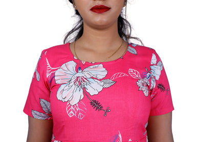 Floral Print Cotton Blend Stitched Flared/A-line Gown (Pink) | S3K290