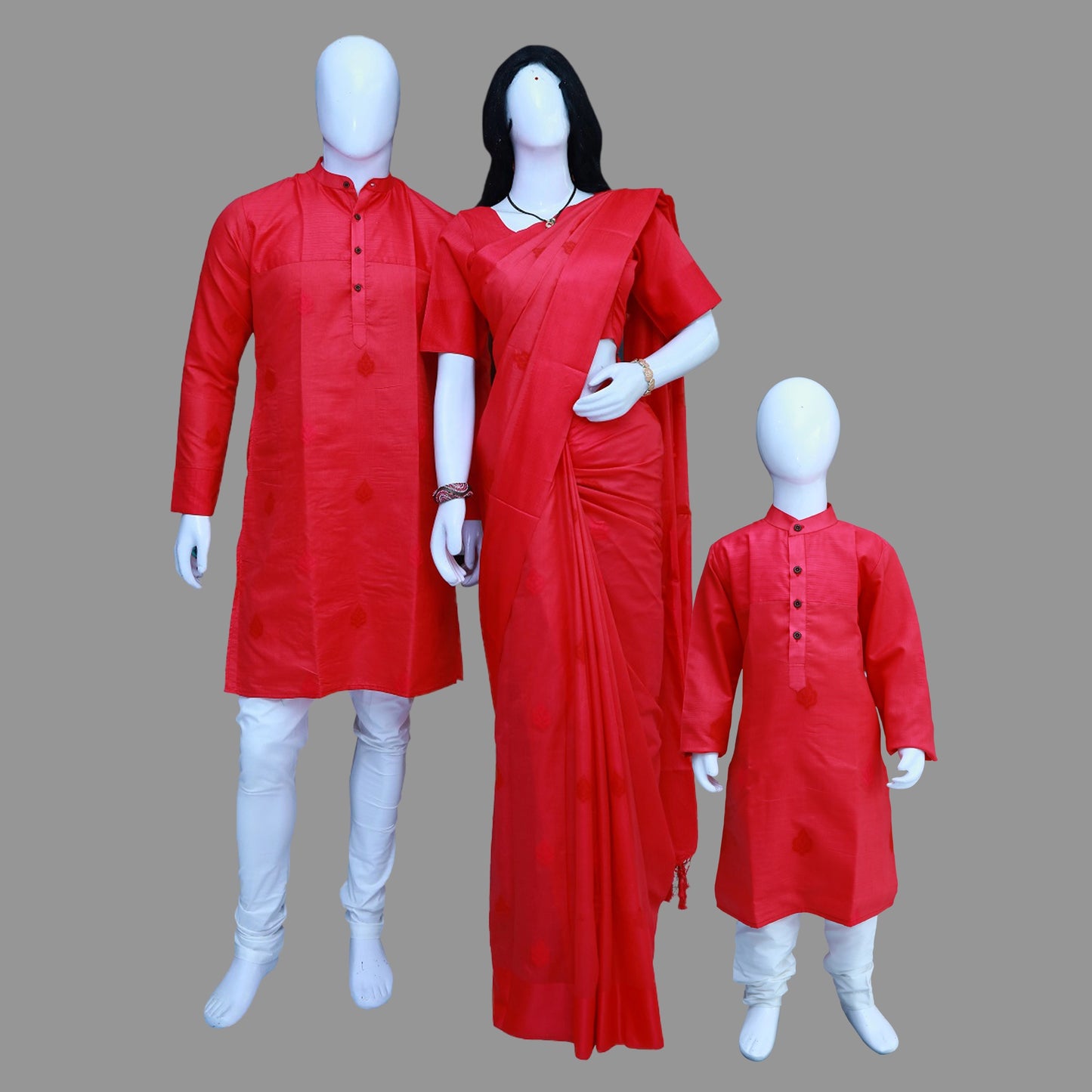 Pink Saree,Men's Kurta and Baby Boy Kurta Combo | S3MSB