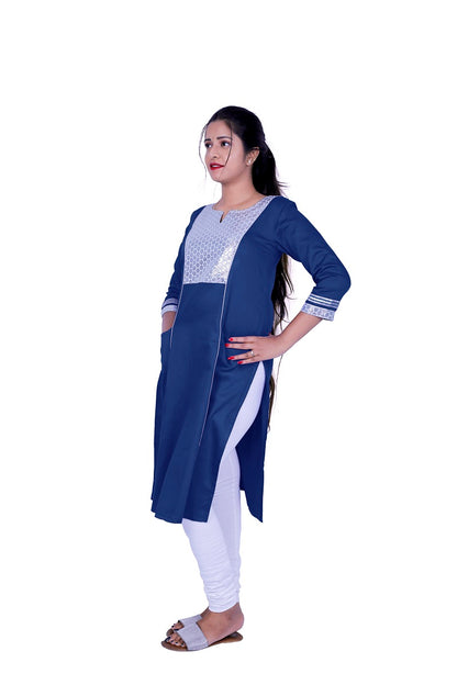 Women Solid Cotton Blend Straight Kurta (Blue) | S3X184A