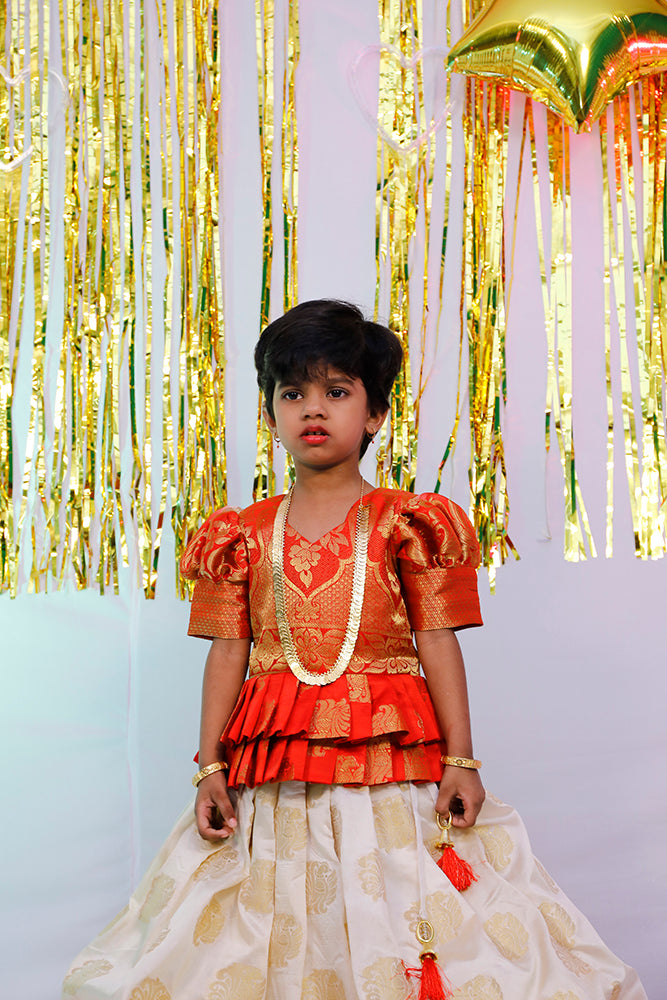Red and Cream Kid’s Pattu Pavadai | S3PL4769