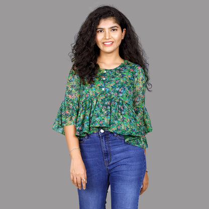 Green Floral Printed Short Top | S3CT827