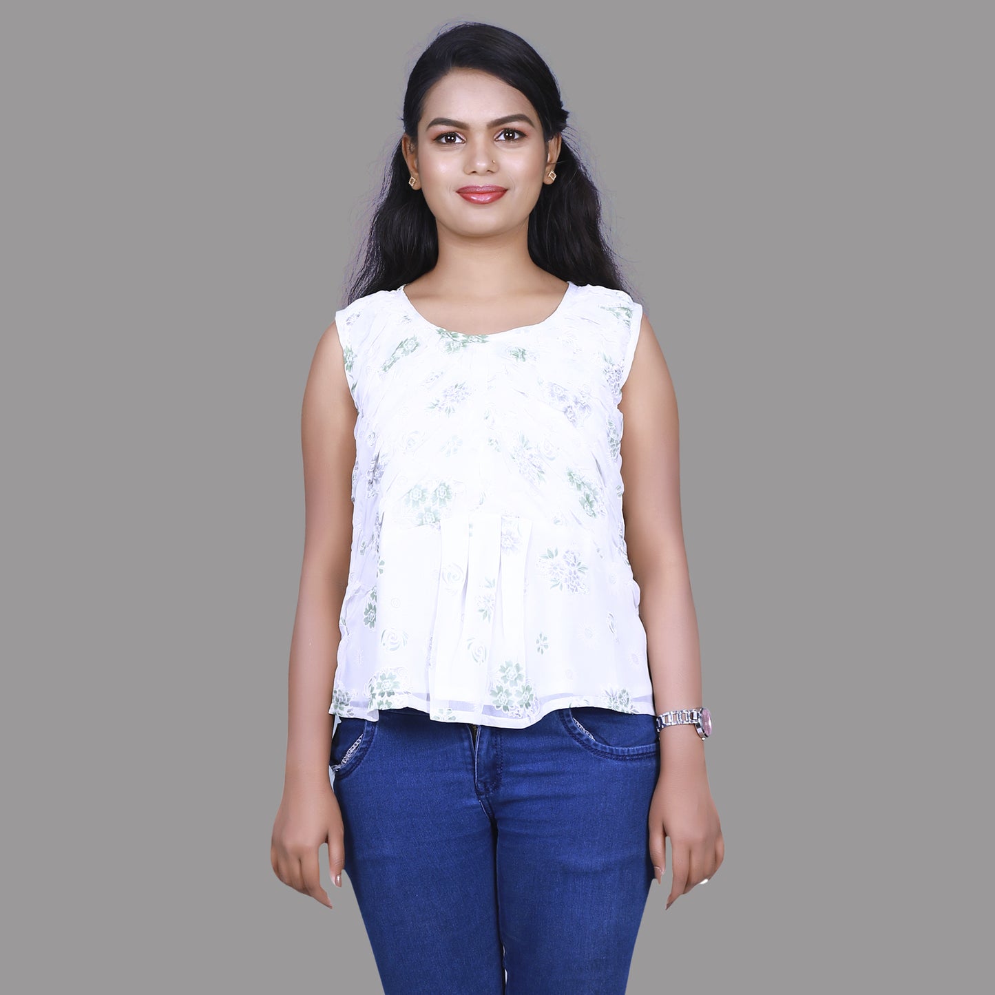 Womens Georgette White and Green Printed Short Tops | S3CT828