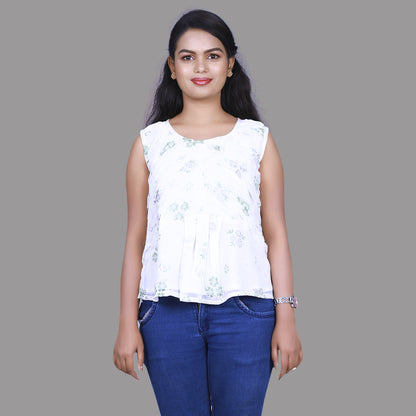 Womens Georgette White and Green Printed Short Tops | S3CT828