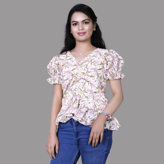 Womens Georgette Cream & Green Birds Print Short Top | S3CT822