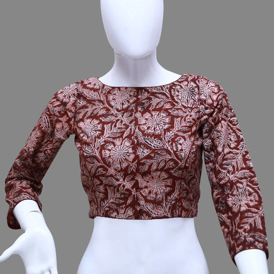 Maroon Kalamkari princess Cut 3/4th Sleeves & back Key hole Neck Blouse | S3B1166