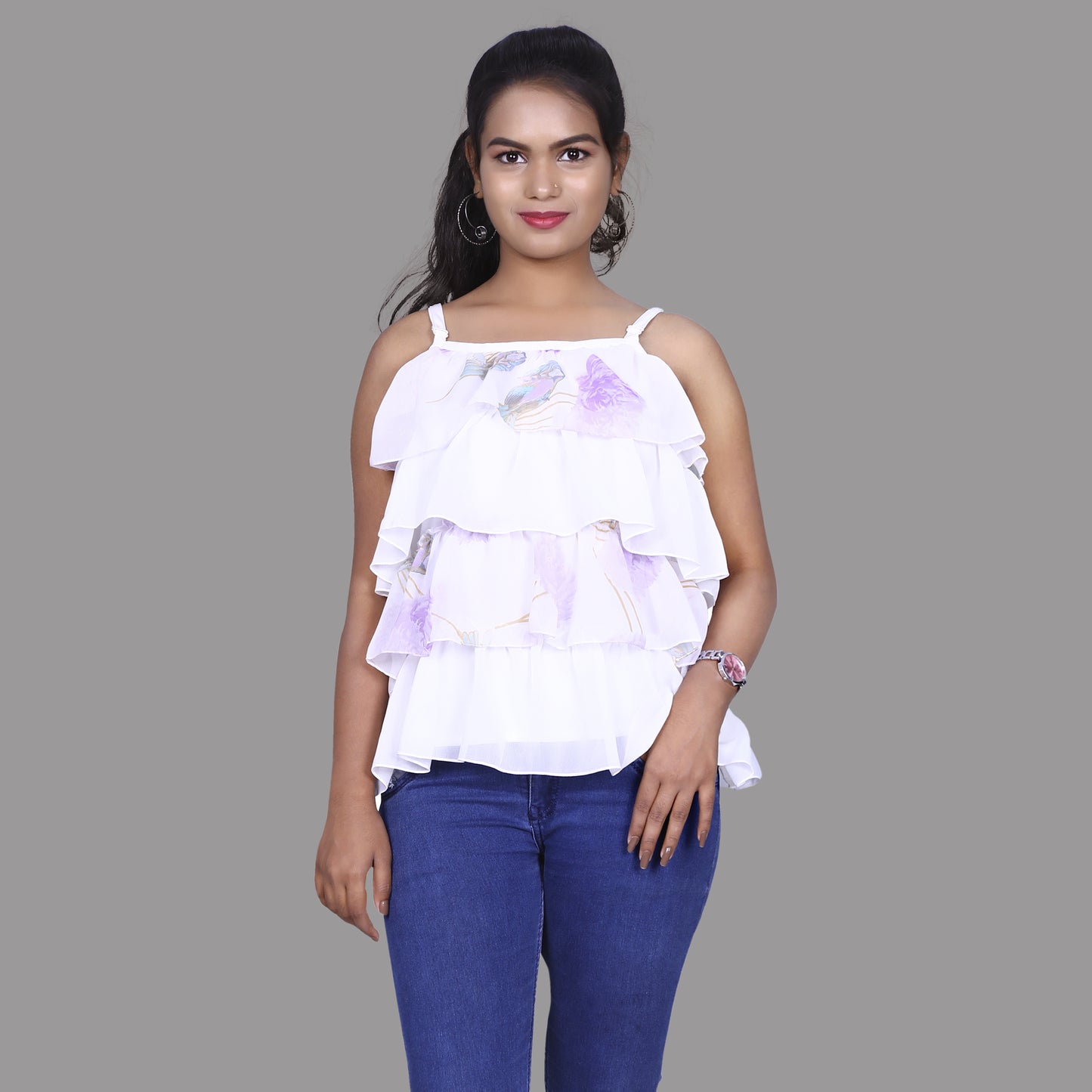 Womens Georgette White Ruffled Short Top | S3CT812