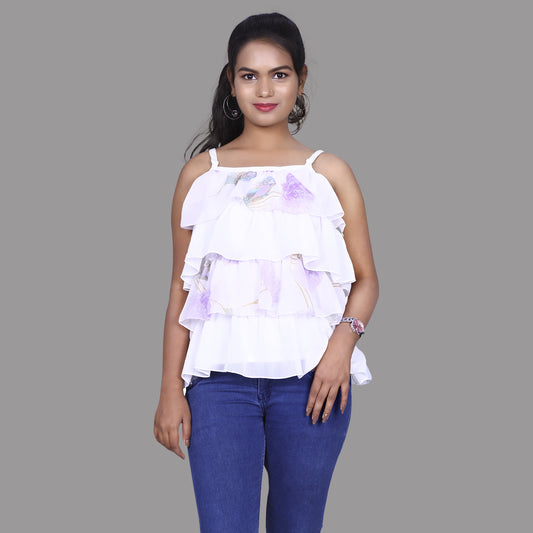 Womens Georgette White Ruffled Short Top | S3CT812