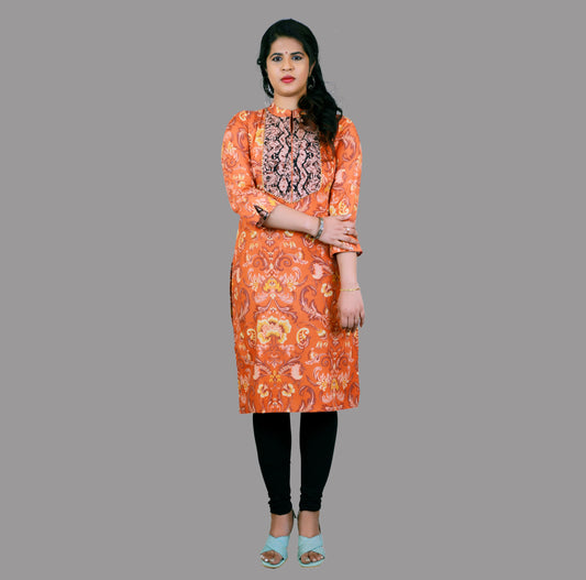 Women's Kalamkari Printed 3/4 Sleeve Plaid Mandarin Collar A-line Kurta | S3X126