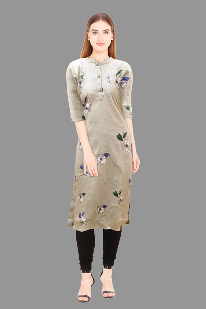 Grey & Green Floral Print Straight Cotton Kurta | S3k138