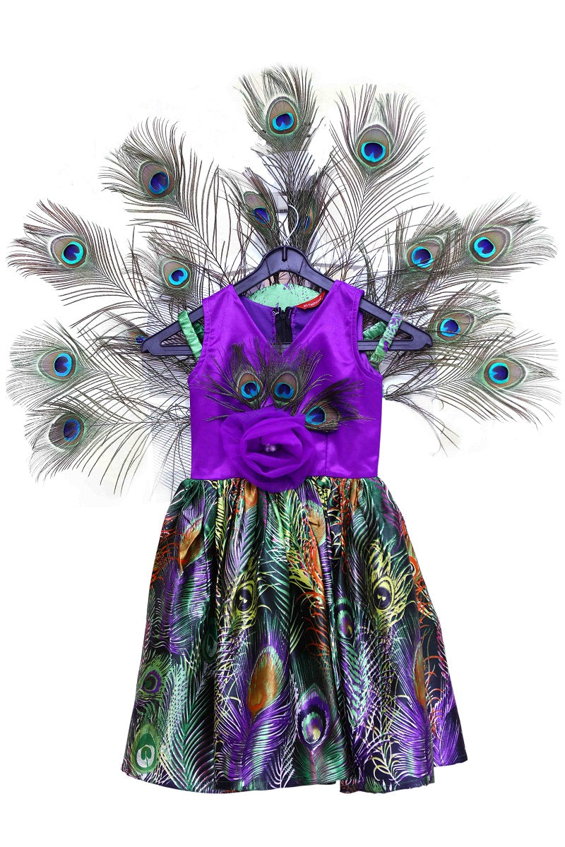 Purple Peacock Feather Printed Baby Girl Dress | S3BGPD