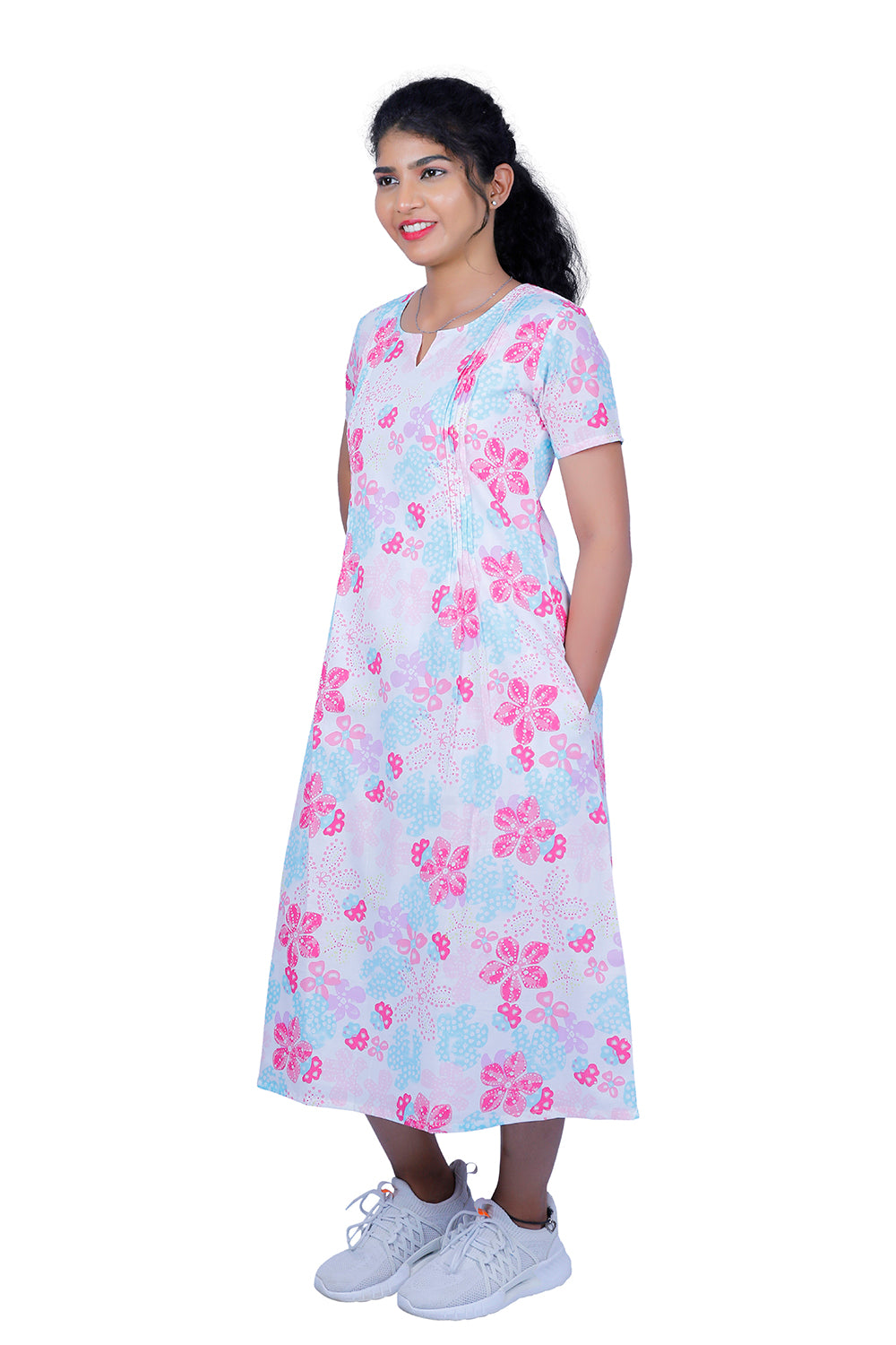 Womens Cotton White with Pink Floral Print A Line Kurti | S3X141