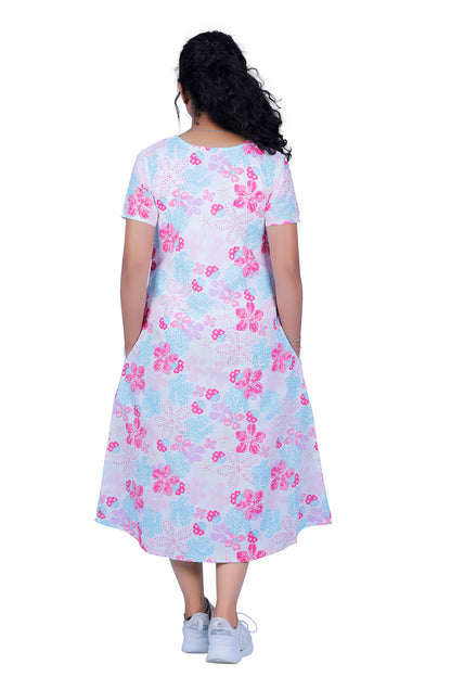 Womens Cotton White with Pink Floral Print A Line Kurti | S3X141