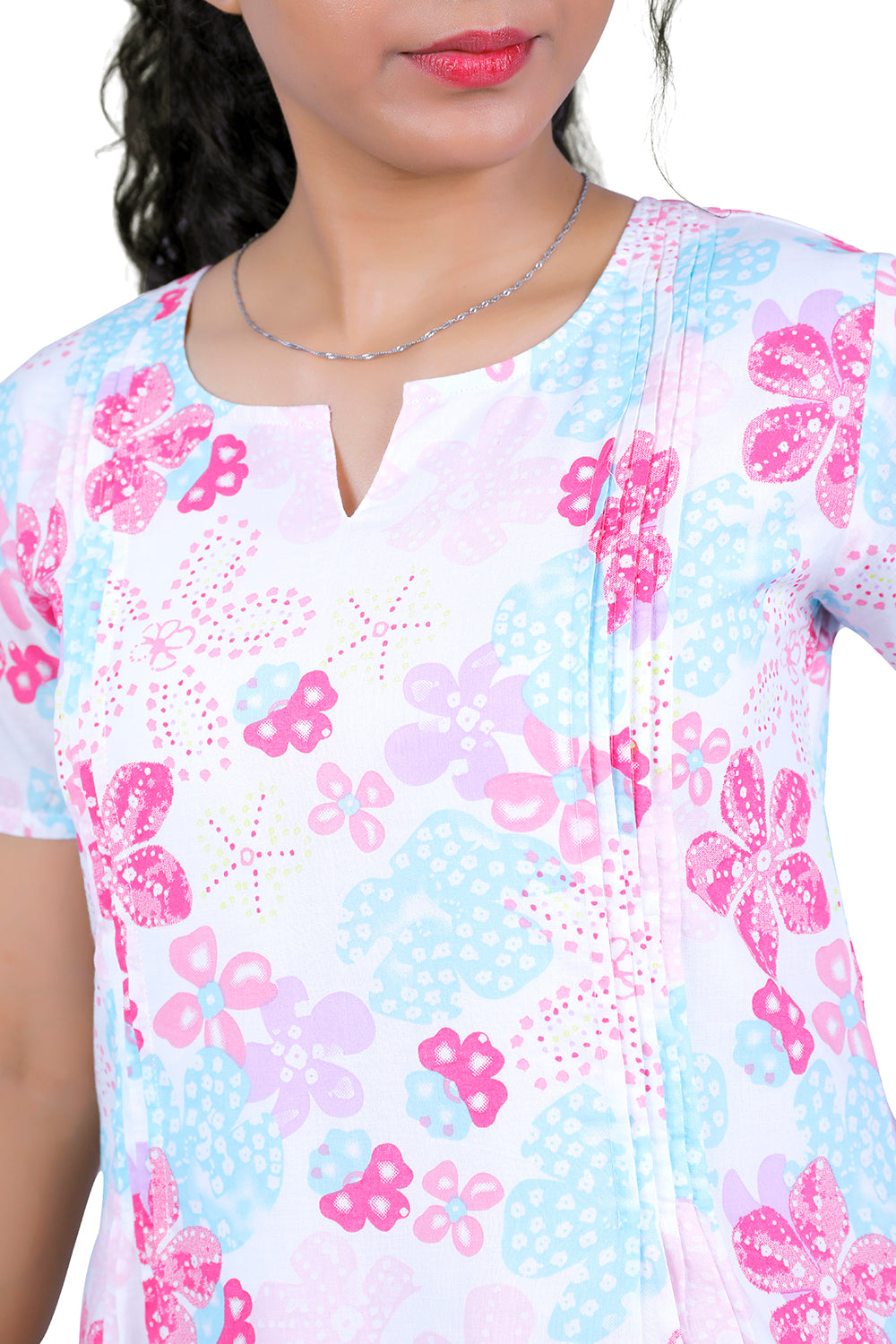 Womens Cotton White with Pink Floral Print A Line Kurti | S3X141