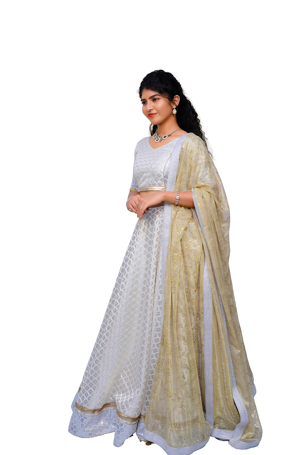 White Cotton Thread A Line Lehenga Choli