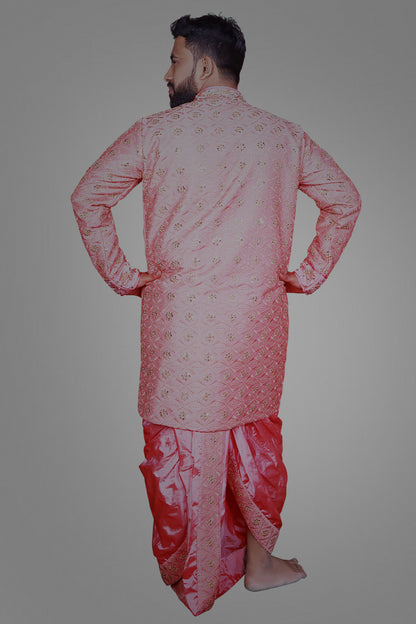 Bright Peach Embroidery with Maggam Work Sherwani & Dothi Set | S3MWD