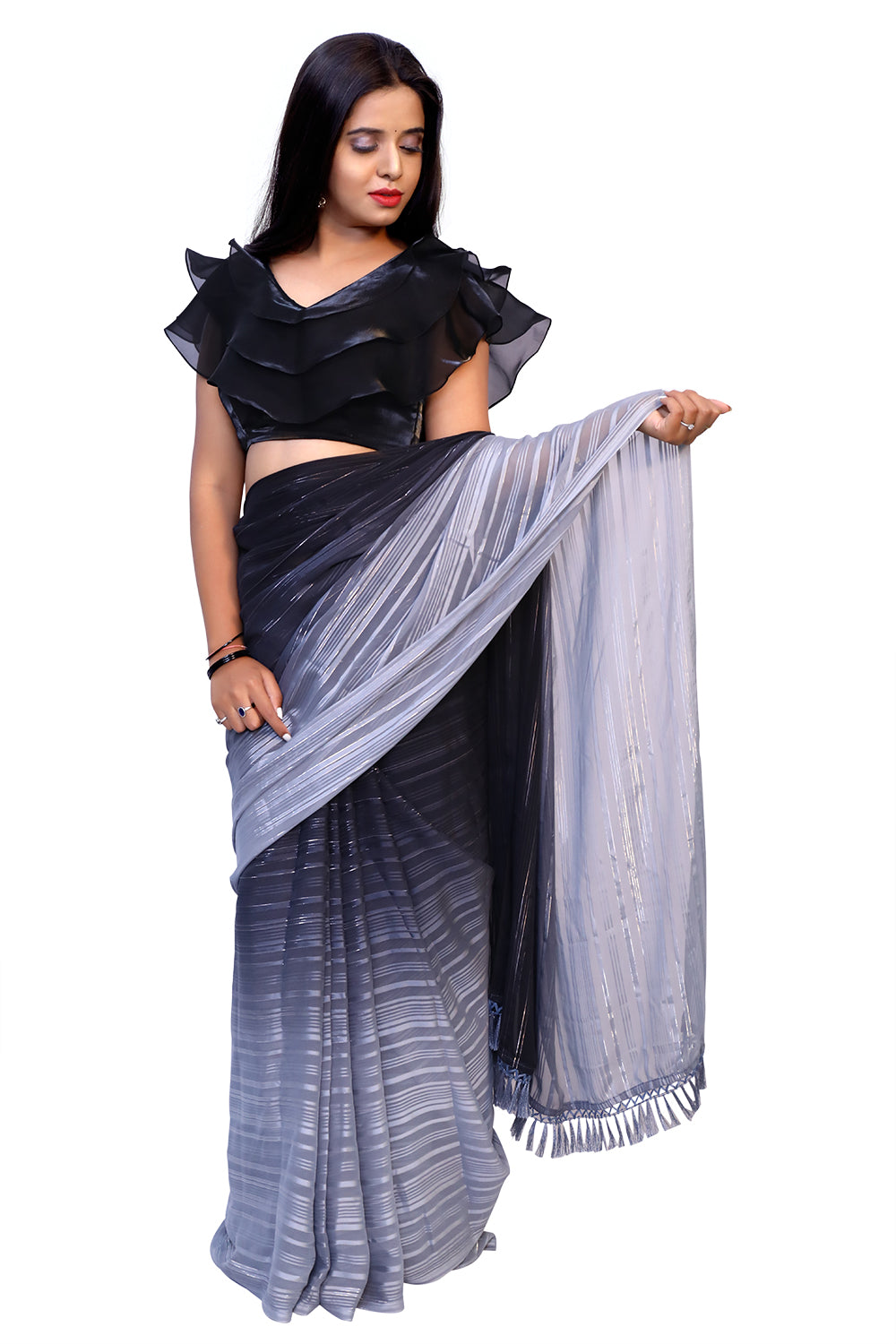 Black and white abstract print saree | S3S3