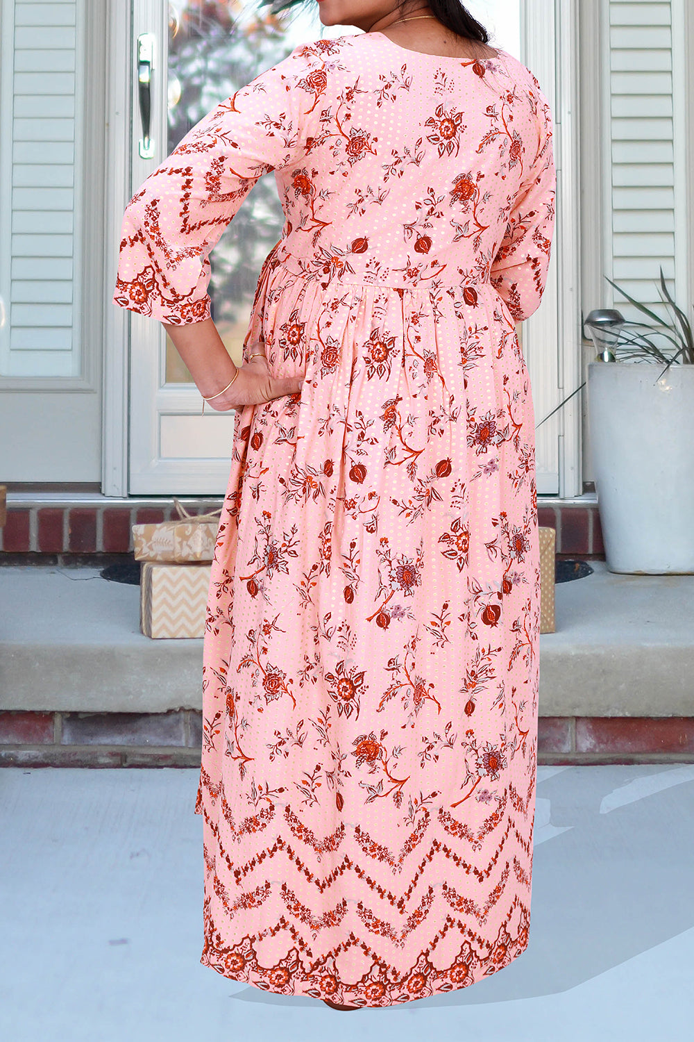 Floral Printed Peach Colour  Maternity Maxi Gown | S3MG1038