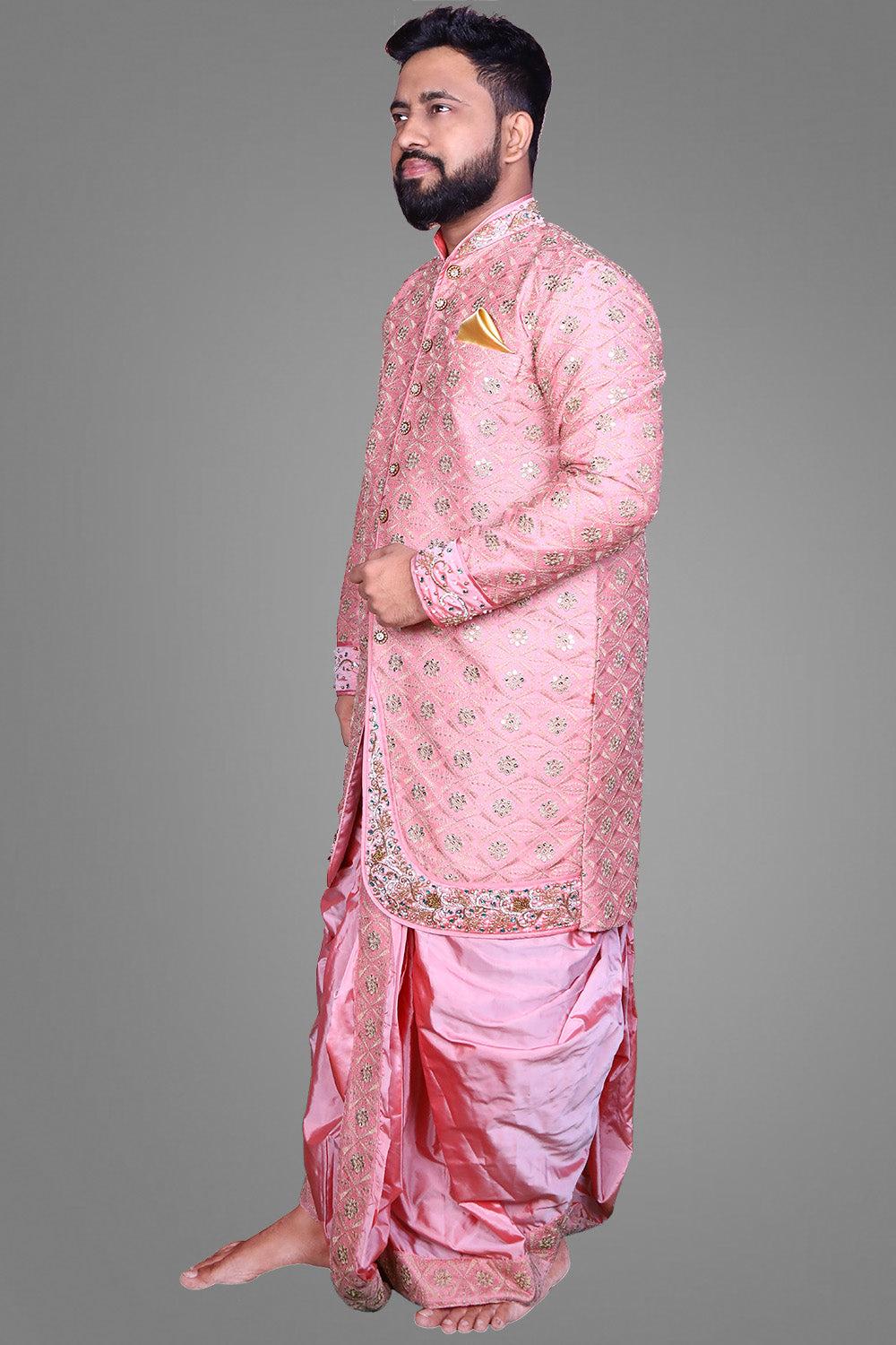 Bright Peach Embroidery with Maggam Work Sherwani & Dothi Set | S3MWD