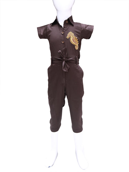 Baby Girl Brown with Seashore Maggam Patch Jumpsuit | S3JS1047