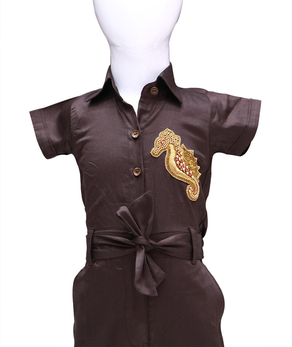 Baby Girl Brown with Seashore Maggam Patch Jumpsuit | S3JS1047